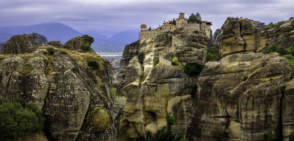 meteora, rock, sunset