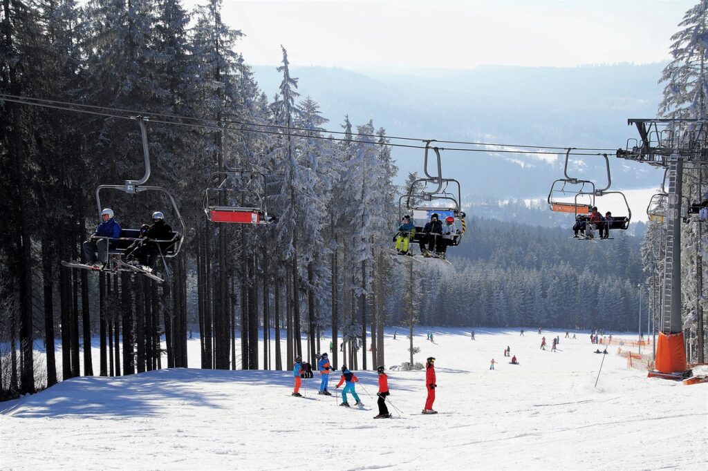 skiing area, chair lift, skiers