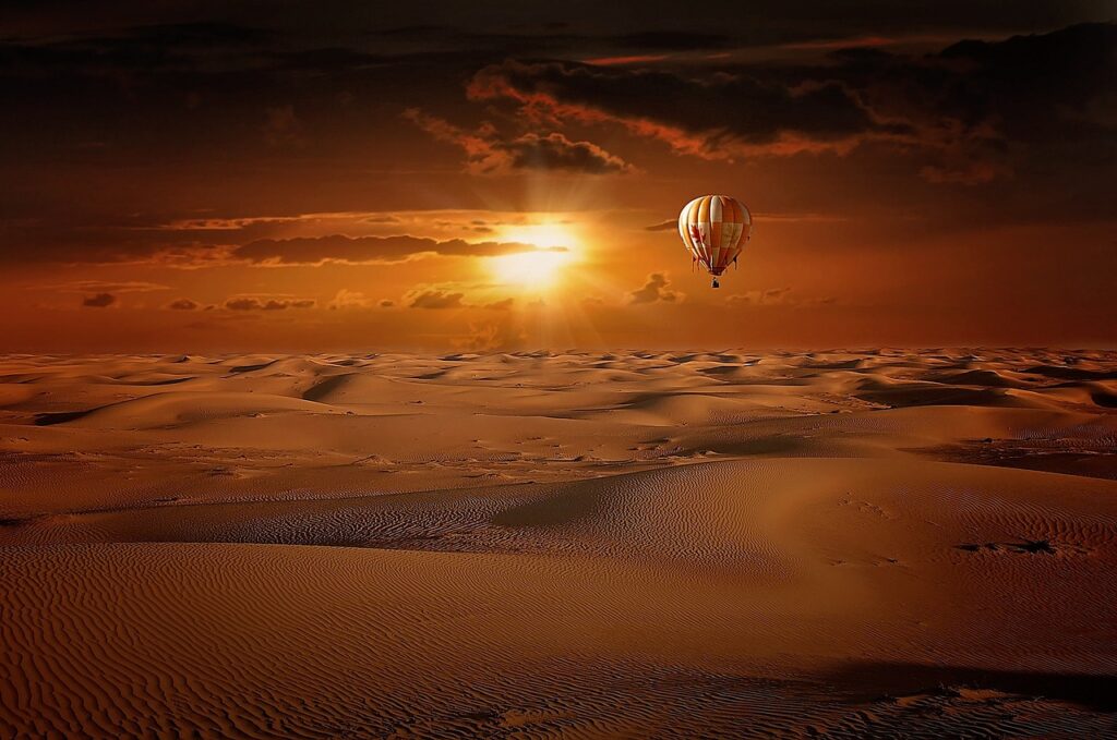 hot air balloon, desert, sand